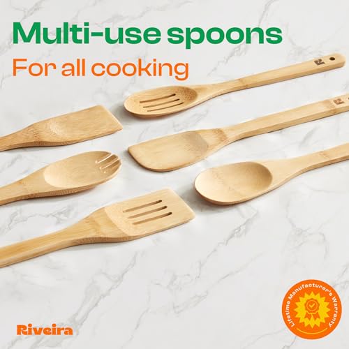 Riveira Bamboo Cooking Spoons 6-Piece – Wooden Cooking Utensils Set with Wooden Spoons for Cooking & Spatulas Wooden Utensil Sets – Premium Kitchen Utensils Set – Durable First Apartment Essentials - My Kitchen Products