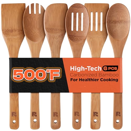 Riveira Dark Bamboo Wooden Spoons for Cooking 6-Piece, Apartment Essentials Wood Spatula Spoon Nonstick Kitchen Utensil Set Premium Quality Housewarming Gifts for Everyday Use - My Kitchen Products