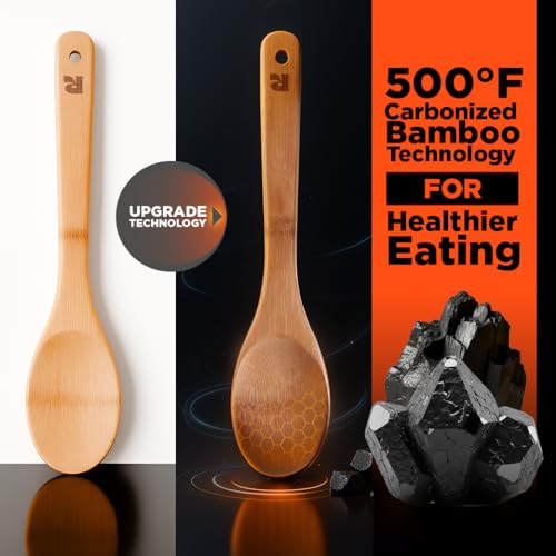 Riveira Dark Bamboo Wooden Spoons for Cooking 6-Piece, Apartment Essentials Wood Spatula Spoon Nonstick Kitchen Utensil Set Premium Quality Housewarming Gifts for Everyday Use - My Kitchen Products