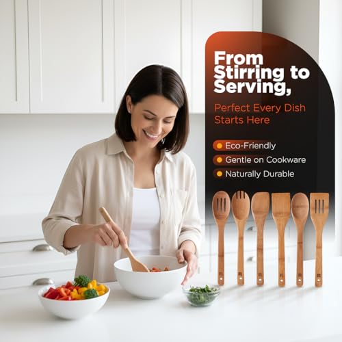Riveira Dark Bamboo Wooden Spoons for Cooking 6-Piece, Apartment Essentials Wood Spatula Spoon Nonstick Kitchen Utensil Set Premium Quality Housewarming Gifts for Everyday Use - My Kitchen Products