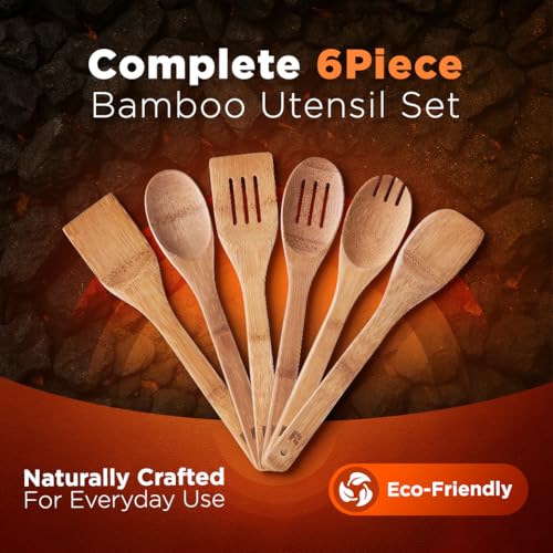 Riveira Dark Bamboo Wooden Spoons for Cooking 6-Piece, Apartment Essentials Wood Spatula Spoon Nonstick Kitchen Utensil Set Premium Quality Housewarming Gifts for Everyday Use - My Kitchen Products