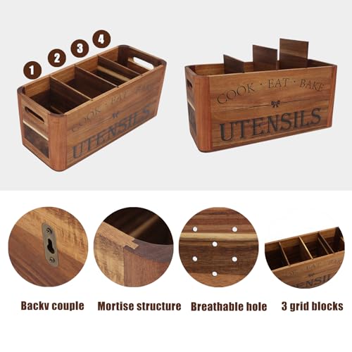 RMCOKGX Utensil Holder for Kitchen Countertop - Extra Large 4 Compartment Wooden Organizer in Acacia Wood, Storage for Cooking Tools and Cutlery, Farmhouse Style for Home Cooking - My Kitchen Products