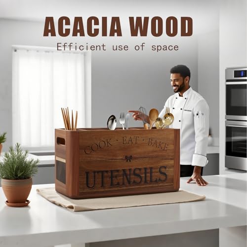 RMCOKGX Utensil Holder for Kitchen Countertop - Extra Large 4 Compartment Wooden Organizer in Acacia Wood, Storage for Cooking Tools and Cutlery, Farmhouse Style for Home Cooking - My Kitchen Products