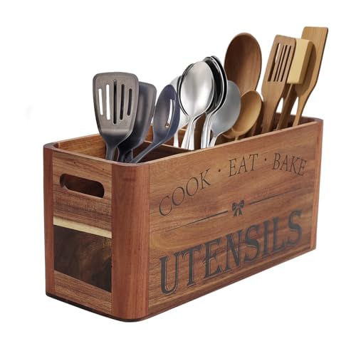 RMCOKGX Utensil Holder for Kitchen Countertop, Extra Large 4 Compartment Wooden Organizer in Acacia