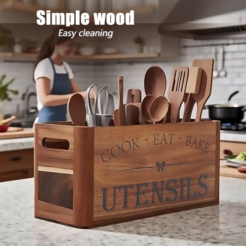 RMCOKGX Utensil Holder for Kitchen Countertop - Extra Large 4 Compartment Wooden Organizer in Acacia Wood, Storage for Cooking Tools and Cutlery, Farmhouse Style for Home Cooking - My Kitchen Products