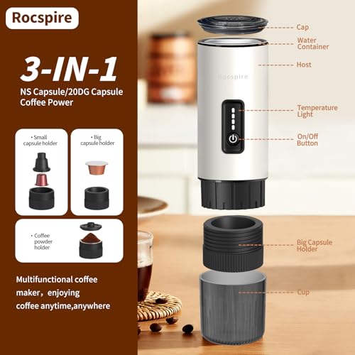 Rocspire 3-in-1 Portable Espresso Maker 20 Bar Self-Heating Stainless Steel Fits Ground Coffee & Nespresso Capsules USB-C Rechargeable for Camping Car Hiking Office - My Kitchen Products