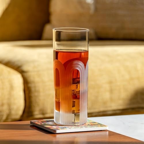 Rolf Glass Mid-Century Modern Highball Collins Glass | Made in America | Mojito Highball Glass | Geometric Arch Design | Diamond Engraved 12oz Tumbler | Set of 2 - My Kitchen Products
