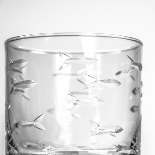 Rolf Glass School of Fish On the Rocks Glass |10oz Whiskey Glasses | Made in America | Deeply Engraved Fish Design | Diamond Engraved and Polished | Set of 4 - My Kitchen Products