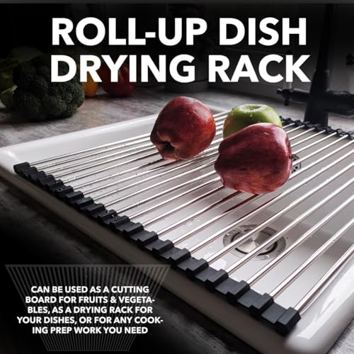 Roll-Up Dish Drying Rack 21"(L) x 16"(W) - Foldable Multipurpose Heat Resistant Large Stainless Steel Kitchen Rollup Dish Drainer Over Sink Mat - Silicone Coated Rims - My Kitchen Products