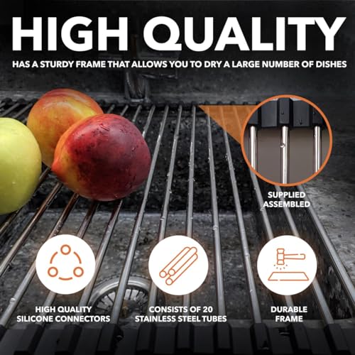 Roll-Up Dish Drying Rack 21"(L) x 16"(W) - Foldable Multipurpose Heat Resistant Large Stainless Steel Kitchen Rollup Dish Drainer Over Sink Mat - Silicone Coated Rims - My Kitchen Products