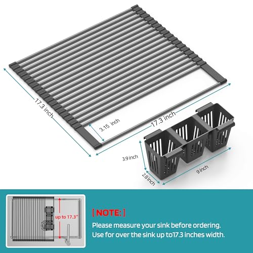 Roll Up Dish Drying Rack, Silicone Wrapped Over The Sink Multipurpose Foldable Dish Drainer Anti-Slip Dish Racks for Kitchen Counter, Sink Drying Rack Cover with Utensil Holder (Black, 17.3" x 17.6") - My Kitchen Products