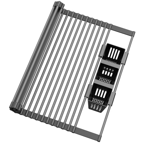 Roll Up Dish Drying Rack, Silicone Wrapped Over The Sink Multipurpose Foldable Dish Drainer Anti-Slip Dish Racks for Kitchen Counter, Sink Drying Rack Cover with Utensil Holder (Black, 17.3" x 17.6") - My Kitchen Products