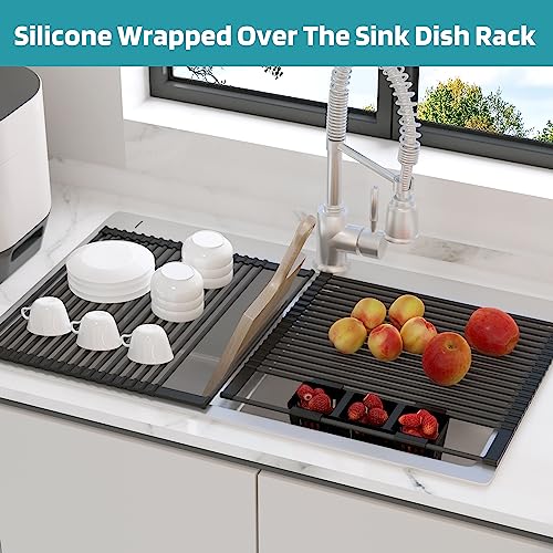 Roll Up Dish Drying Rack, Silicone Wrapped Over The Sink Multipurpose Foldable Dish Drainer Anti-Slip Dish Racks for Kitchen Counter, Sink Drying Rack Cover with Utensil Holder (Black, 17.3" x 17.6") - My Kitchen Products