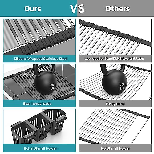 Roll Up Dish Drying Rack, Silicone Wrapped Over The Sink Multipurpose Foldable Dish Drainer Anti-Slip Dish Racks for Kitchen Counter, Sink Drying Rack Cover with Utensil Holder (Black, 17.3" x 17.6") - My Kitchen Products