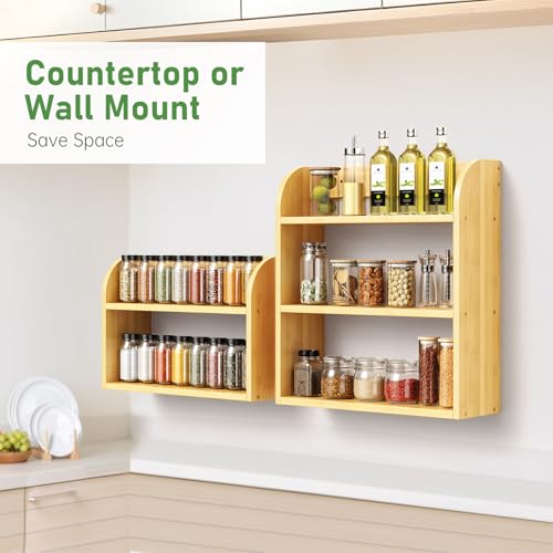 ROMGUAR CRAFT 3 Tier Bamboo Spice Rack, Countertop or Wall Mounting Wood Spice Jars Organizer Shelf for Kitche, Pantry (Natural) - My Kitchen Products