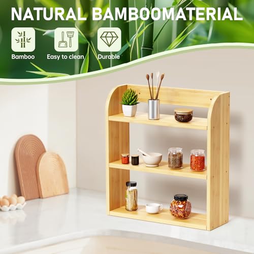 ROMGUAR CRAFT 3 Tier Bamboo Spice Rack, Countertop or Wall Mounting Wood Spice Jars Organizer Shelf for Kitche, Pantry (Natural) - My Kitchen Products