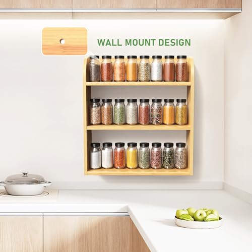 ROMGUAR CRAFT 3 Tier Bamboo Spice Rack, Countertop or Wall Mounting Wood Spice Jars Organizer Shelf for Kitche, Pantry (Natural) - My Kitchen Products
