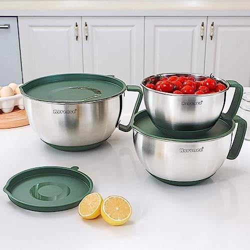 Rorence Mixing Bowls Set: Stainless Steel Non-Slip Bowls with Pour Spout, Handle and Lid - Set of 3 - Green - My Kitchen Products
