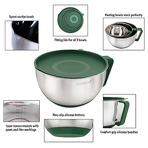 Rorence Mixing Bowls Set: Stainless Steel Non-Slip Bowls with Pour Spout, Handle and Lid - Set of 3 - Green - My Kitchen Products