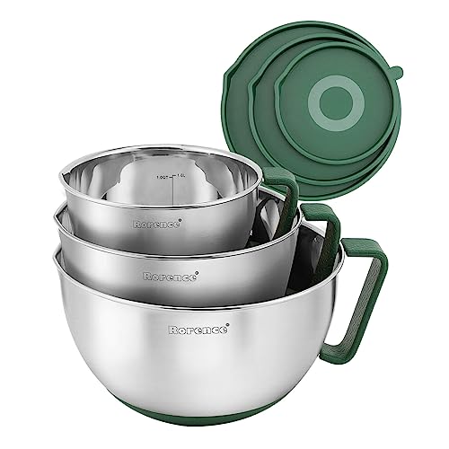 Rorence Mixing Bowls Set: Stainless Steel Non-Slip Bowls with Pour Spout, Handle and Lid - Set of 3 - Green - My Kitchen Products