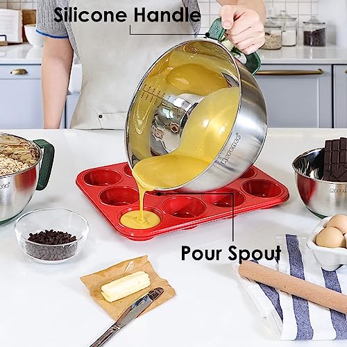 Rorence Mixing Bowls Set: Stainless Steel Non-Slip Bowls with Pour Spout, Handle and Lid - Set of 3 - Green - My Kitchen Products