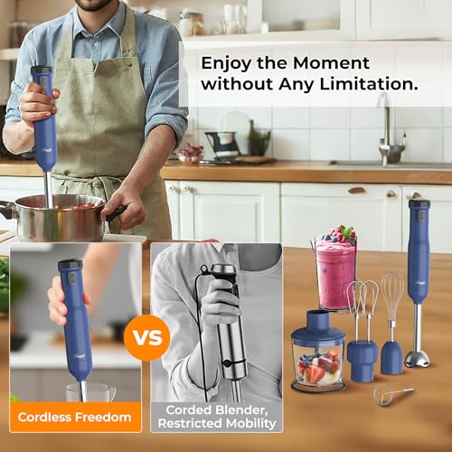 Rosewill 6-in-1 Multi-Speed Cordless Rechargeable Immersion Hand Blender, Heavy Duty Motor - Stick Blender, Beaker, Whisk, Chopper, Dual Beater, Milk Frother - For Smoothies, Baby Food, Soup - Blue - My Kitchen Products