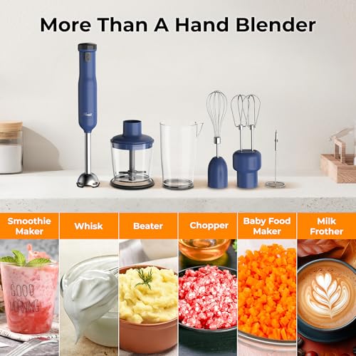 Rosewill 6-in-1 Multi-Speed Cordless Rechargeable Immersion Hand Blender, Heavy Duty Motor - Stick Blender, Beaker, Whisk, Chopper, Dual Beater, Milk Frother - For Smoothies, Baby Food, Soup - Blue - My Kitchen Products