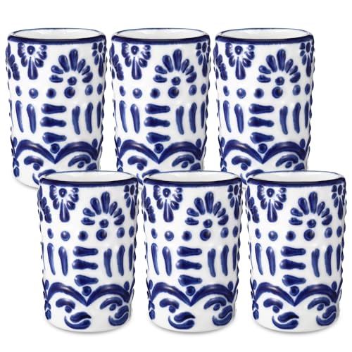 Roshtia 6 Pcs Mexican Tequila Shot Glasses Set 2 oz Talavera Shot Glasses Handmade Ceramic Cups with White Decoration