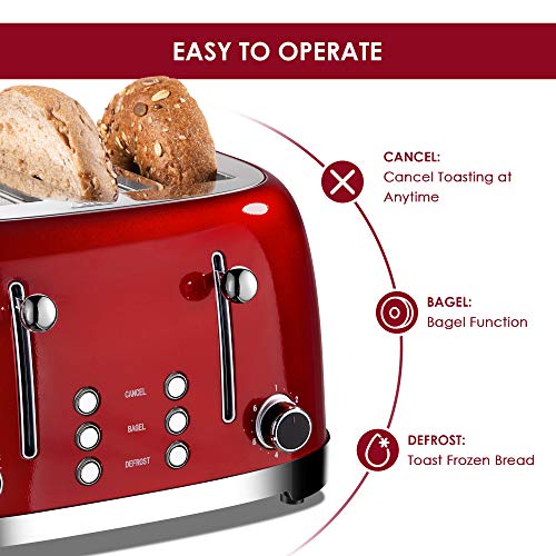 Roter Mond 4 Slice Toaster Retro Stainless Steel with Bagel Defrost Cancel Function, 6 Browning Settings, Extre Wide Slot and Removable Crumb Tray, Red, ST033 - My Kitchen Products