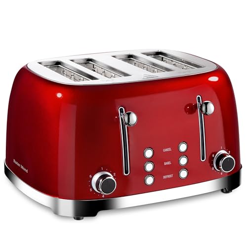 Roter Mond 4 Slice Toaster Retro Stainless Steel with Bagel Defrost Cancel Function, 6 Browning Settings, Extre Wide Slot and Removable Crumb Tray, Red, ST033 - My Kitchen Products