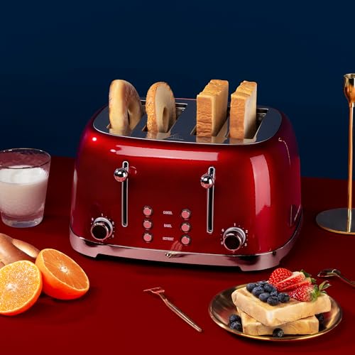 Roter Mond 4 Slice Toaster Retro Stainless Steel with Bagel Defrost Cancel Function, 6 Browning Settings, Extre Wide Slot and Removable Crumb Tray, Red, ST033 - My Kitchen Products