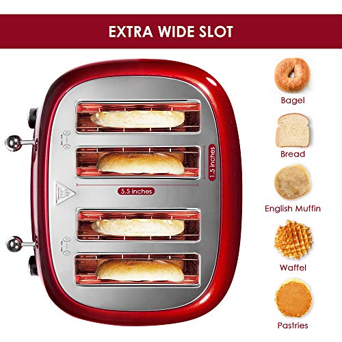 Roter Mond 4 Slice Toaster Retro Stainless Steel with Bagel Defrost Cancel Function, 6 Browning Settings, Extre Wide Slot and Removable Crumb Tray, Red, ST033 - My Kitchen Products