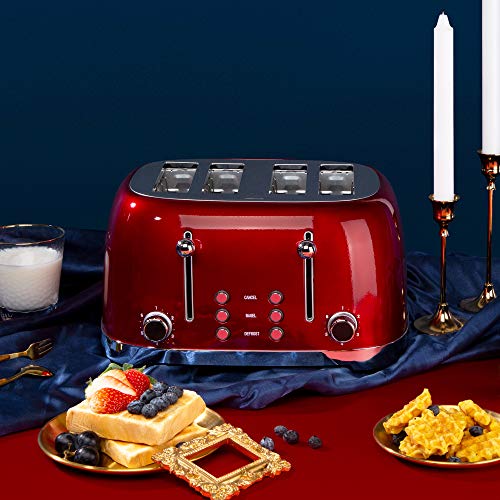 Roter Mond 4 Slice Toaster Retro Stainless Steel with Bagel Defrost Cancel Function, 6 Browning Settings, Extre Wide Slot and Removable Crumb Tray, Red, ST033 - My Kitchen Products