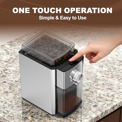 ROUNEXES Flat Burr Coffee Grinder Electric,Adjustable Coffee Grinder for Home Use, Burr Mill Grinder with 17 Levels, Large Bean Hopper & Removable Container, silver - My Kitchen Products