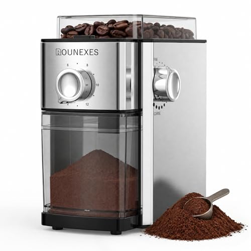 ROUNEXES Flat Burr Coffee Grinder Electric,Adjustable Coffee Grinder for Home Use, Burr Mill Grinder with 17 Levels, Large Bean Hopper & Removable Container, silver - My Kitchen Products