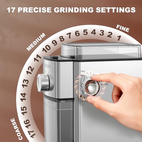 ROUNEXES Flat Burr Coffee Grinder Electric,Adjustable Coffee Grinder for Home Use, Burr Mill Grinder with 17 Levels, Large Bean Hopper & Removable Container, silver - My Kitchen Products