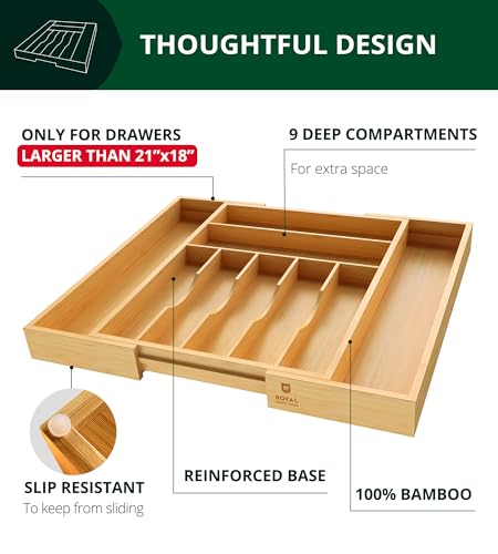 ROYAL CRAFT WOOD Luxury Bamboo Kitchen Drawer Organizer - Silverware Organizer, Utensil Holder & Cutlery Tray Drawer Dividers for Flatware (9 Slot, Natural) - My Kitchen Products