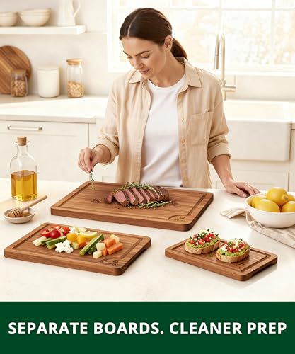 ROYAL CRAFT WOOD Wooden Cutting Boards for Kitchen Meal Prep & Serving - Non Toxic Bamboo Wood Cutting Board Set with Deep Juice Groove Side Handles - Charcuterie & Chopping Butcher Block for Meat - My Kitchen Products