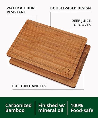 ROYAL CRAFT WOOD Wooden Cutting Boards for Kitchen Meal Prep & Serving - Non Toxic Bamboo Wood Cutting Board Set with Deep Juice Groove Side Handles - Charcuterie & Chopping Butcher Block for Meat - My Kitchen Products
