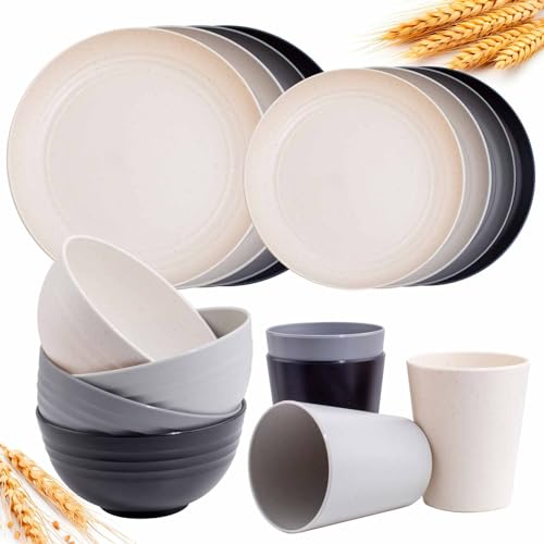 Rubtlamp Wheat Straw Dinnerware Sets, 16PCS Plastic Dinnerware Set for 4, Wheat Straw Plates and Bowls Sets, Unbreakable Dinnerware Plastic Microwave Safe Dishes Set for Kitchen&Camping - My Kitchen Products