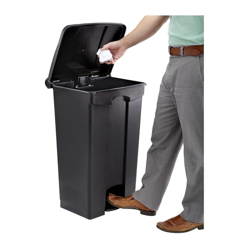 Safco Step On Plastic Trash Can with Foot Pedal, 23 Gallon Garbage Can for Kitchen, Indoor or Outdoor Use, Hands Free, Black - My Kitchen Products