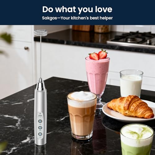 Sakgos Milk Frother Rechargeable Handheld-Electric Whisk 3 Speed Adjustable, Coffee Frother Wand with 3 Stainless Whisks, Electric Foam Maker, Drink Mixer Blender for Latte Cappuccino Matcha Egg - My Kitchen Products
