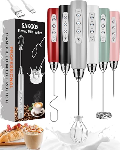 Sakgos Milk Frother Rechargeable Handheld-Electric Whisk 3 Speed Adjustable, Coffee Frother Wand with 3 Stainless Whisks, Electric Foam Maker, Drink Mixer Blender for Latte Cappuccino Matcha Egg - My Kitchen Products