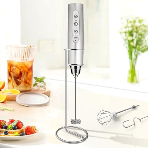 Sakgos Milk Frother with Stand Rechargeable-Handheld Frother Wand with 3 Stainless Whisks 3 Speed Adjustable, Electric Whisk Drink Mixer, Foam Maker Blender for Matcha Latte Cappuccino Chocolate - My Kitchen Products