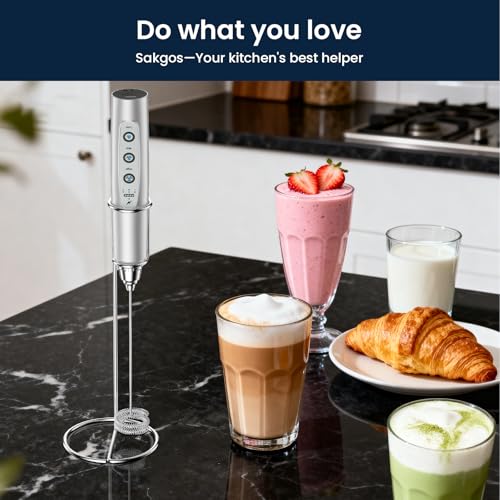 Sakgos Milk Frother with Stand Rechargeable-Handheld Frother Wand with 3 Stainless Whisks 3 Speed Adjustable, Electric Whisk Drink Mixer, Foam Maker Blender for Matcha Latte Cappuccino Chocolate - My Kitchen Products