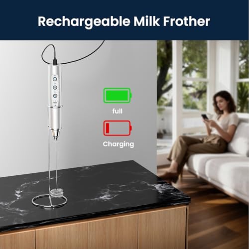 Sakgos Milk Frother with Stand Rechargeable-Handheld Frother Wand with 3 Stainless Whisks 3 Speed Adjustable, Electric Whisk Drink Mixer, Foam Maker Blender for Matcha Latte Cappuccino Chocolate - My Kitchen Products