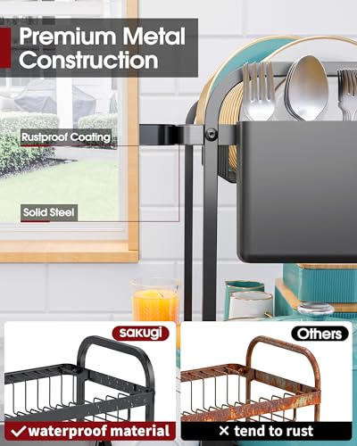 Sakugi 2-Tier Dish Drying Rack - Stainless Steel Dish Rack with Cutlery & Utensil Holders for Kitchen Counter, Sink Organization and Storage for Small Family, 15" W x 11.4" L x 15" H, Black - My Kitchen Products
