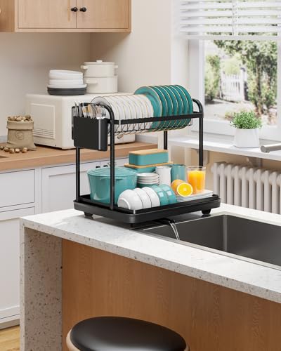 Sakugi 2-Tier Dish Drying Rack - Stainless Steel Dish Rack with Cutlery & Utensil Holders for Kitchen Counter, Sink Organization and Storage for Small Family, 15" W x 11.4" L x 15" H, Black - My Kitchen Products