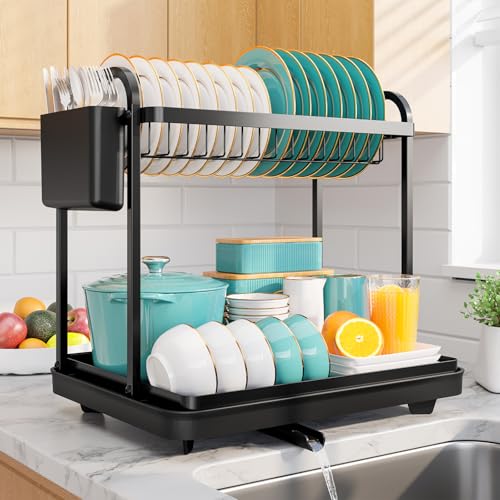 Sakugi 2-Tier Dish Drying Rack - Stainless Steel Dish Rack with Cutlery & Utensil Holders for Kitchen Counter, Sink Organization and Storage for Small Family, 15" W x 11.4" L x 15" H, Black - My Kitchen Products