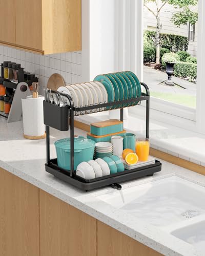 Sakugi 2-Tier Dish Drying Rack - Stainless Steel Dish Rack with Cutlery & Utensil Holders for Kitchen Counter, Sink Organization and Storage for Small Family, 15" W x 11.4" L x 15" H, Black - My Kitchen Products
